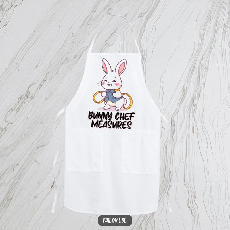 Funny joyful rabbit tailor hopping with a measuring tape on a protective apron, ideal for crafting and humorous activities.