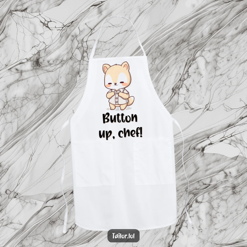 Funny Apron: Cute animal character is focused on adjusting a tiny button on a miniature shirt while wearing an apron.