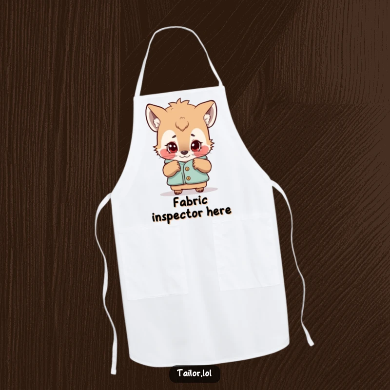 Funny apron with a curious animal character examining a garment with a critical eye, perfect for humorous kitchen activities.
