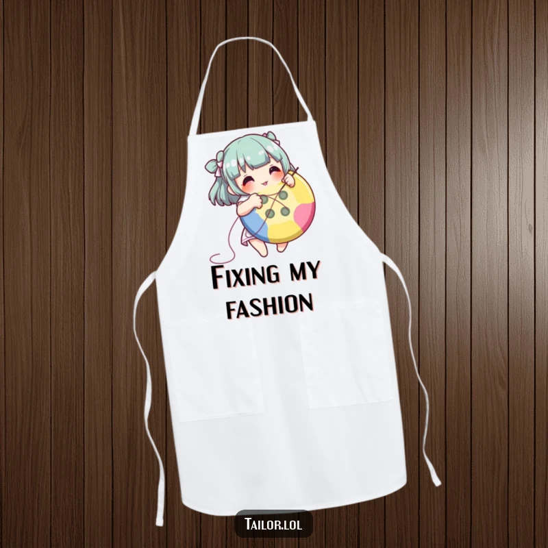Funny character happily stitching a button, on a practical crafting apron.