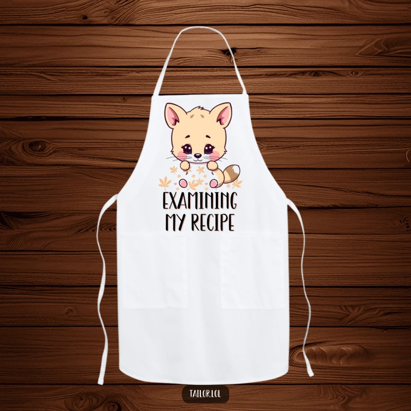 Funny apron showcasing a cute animal character with intense concentration, examining a pattern while cooking, bringing humor to the kitchen.