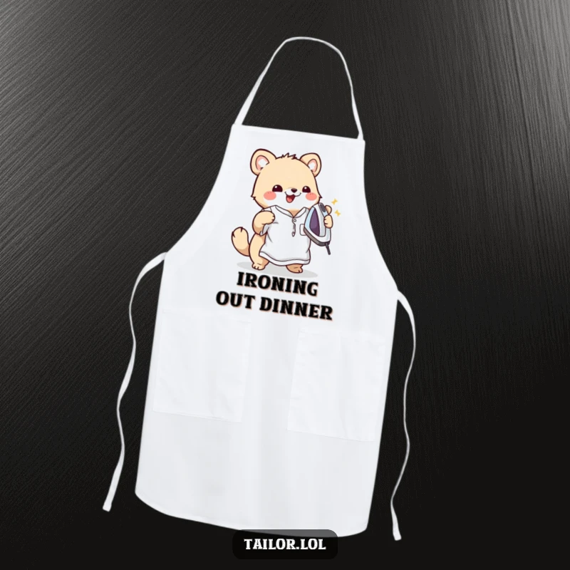 Funny apron showcasing a cute animal character happily ironing a wrinkled shirt, bringing domestic humor and charm to the kitchen.