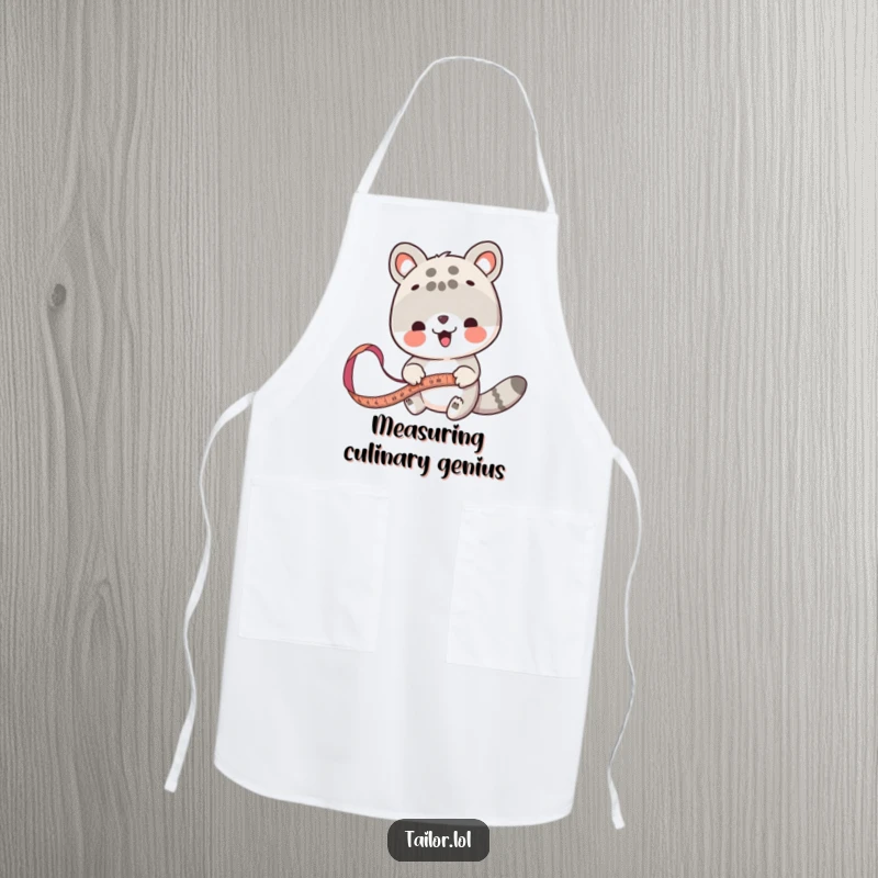 Funny animal measurer apron, a cute animal diligently measuring fabric, ideal for cooks and crafters.