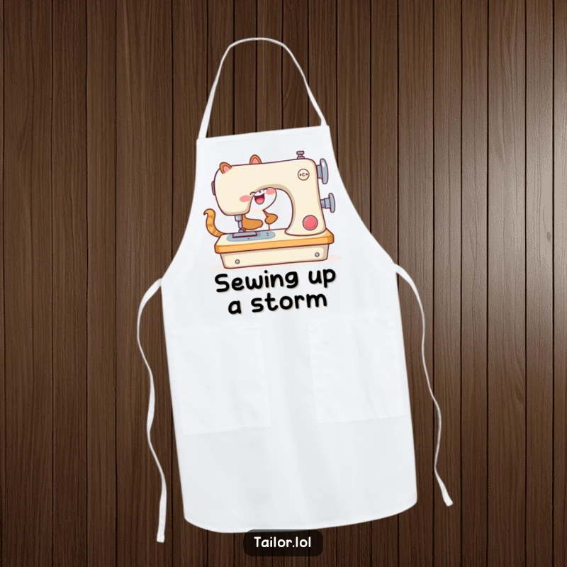 Funny apron showing an animal joyfully using a comically large sewing machine, great for mess-free crafting.