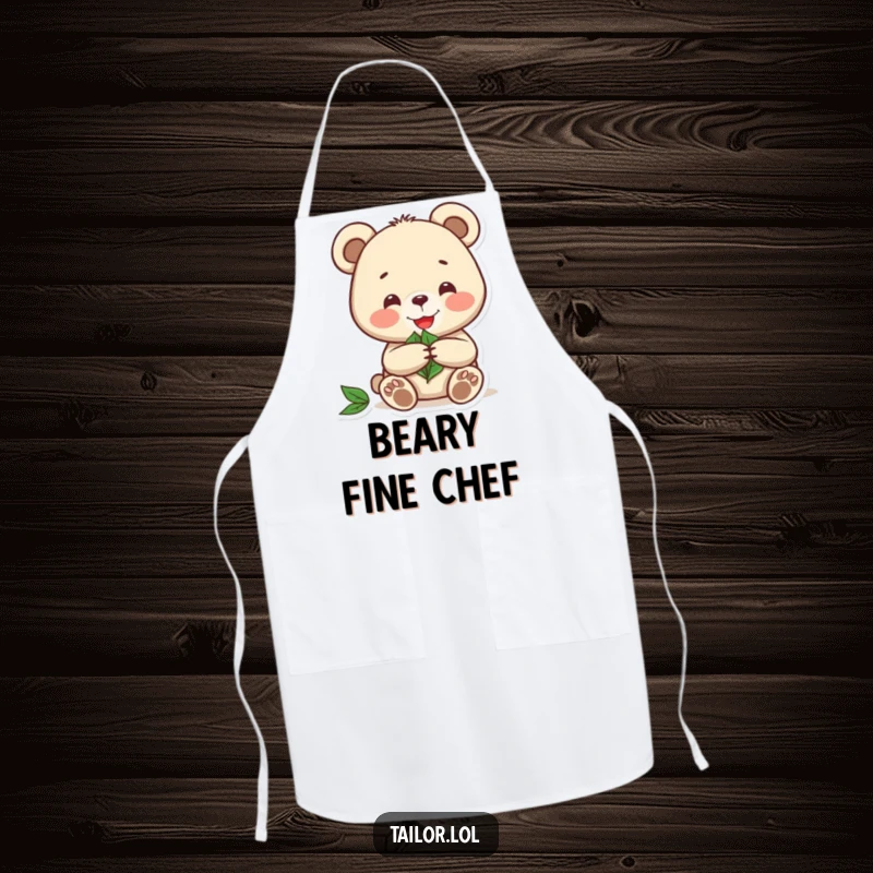 Funny apron showing a joyful bear meticulously cutting a pattern from a leaf, perfect for kitchen or studio.