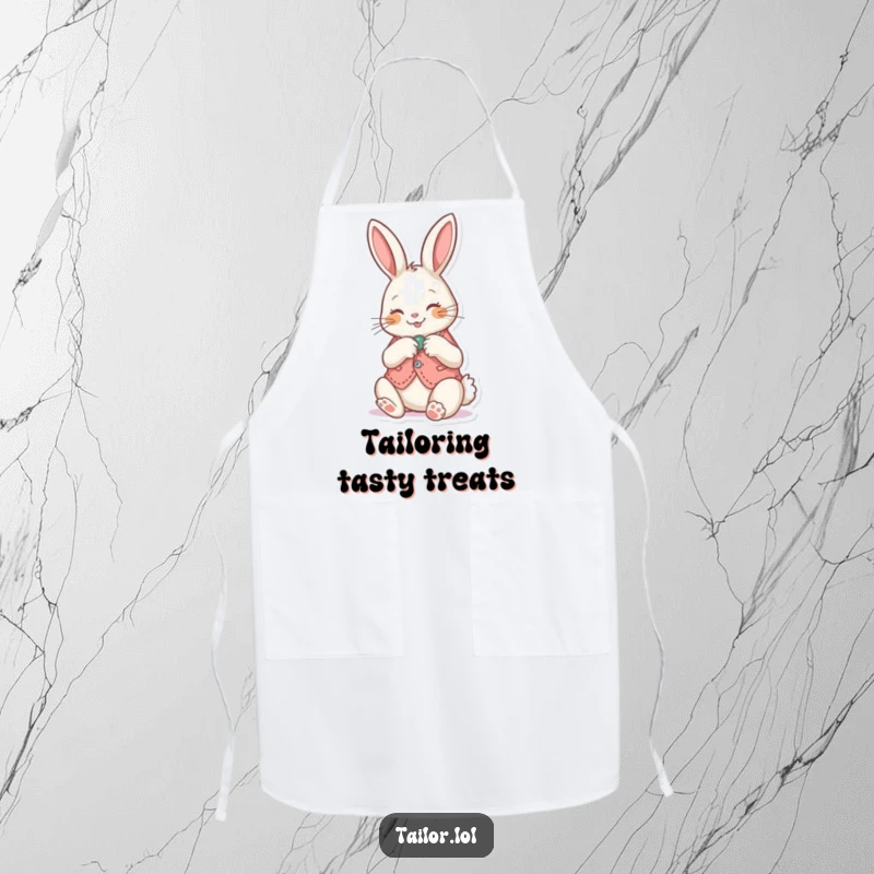 Funny Apron: Happy bunny sewing a button onto a tiny vest, adding humor and charm to kitchen or craft activities.