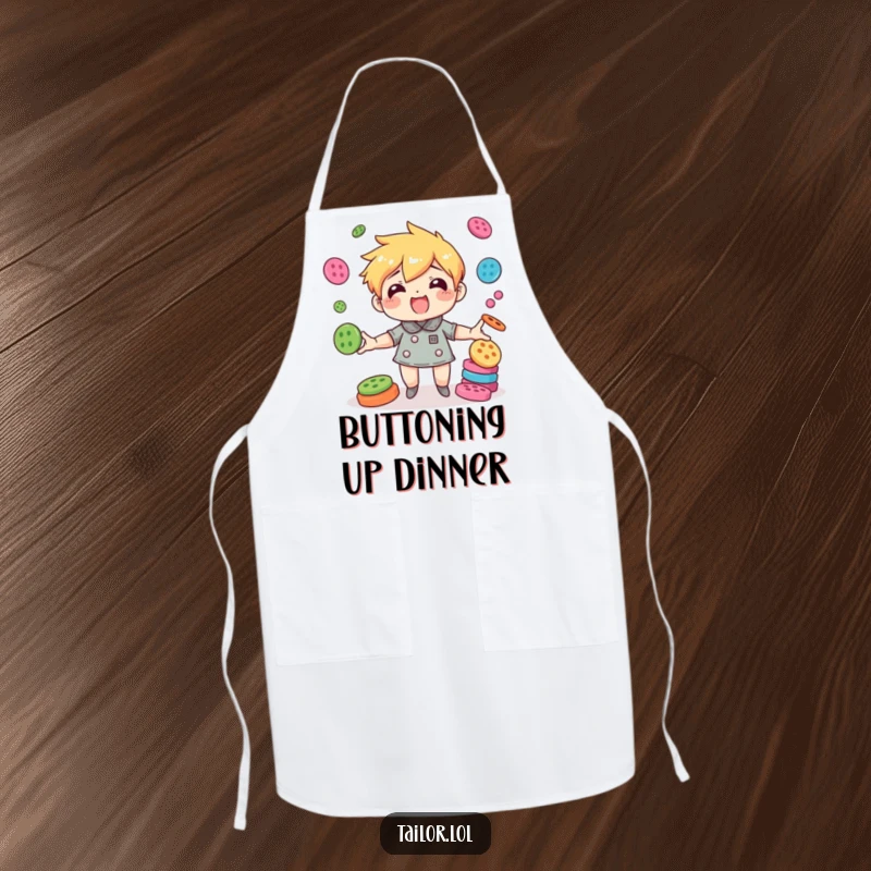 Funny character comically juggling colorful buttons with great agility, a humorous and practical apron.