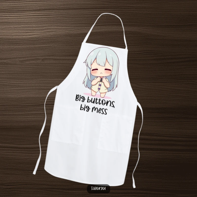 Funny apron with a character playfully adjusting a comically large button on a tiny shirt, protective and humorous.
