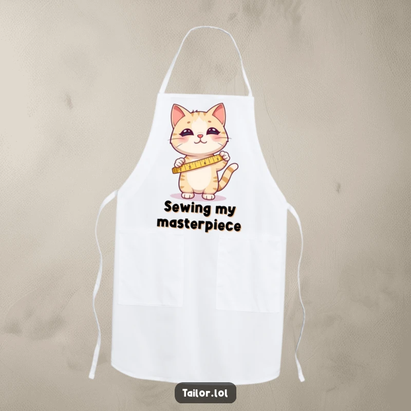 Funny apron with a cute cat happily measuring fabric with a tape measure, perfect for protecting clothes while sewing.