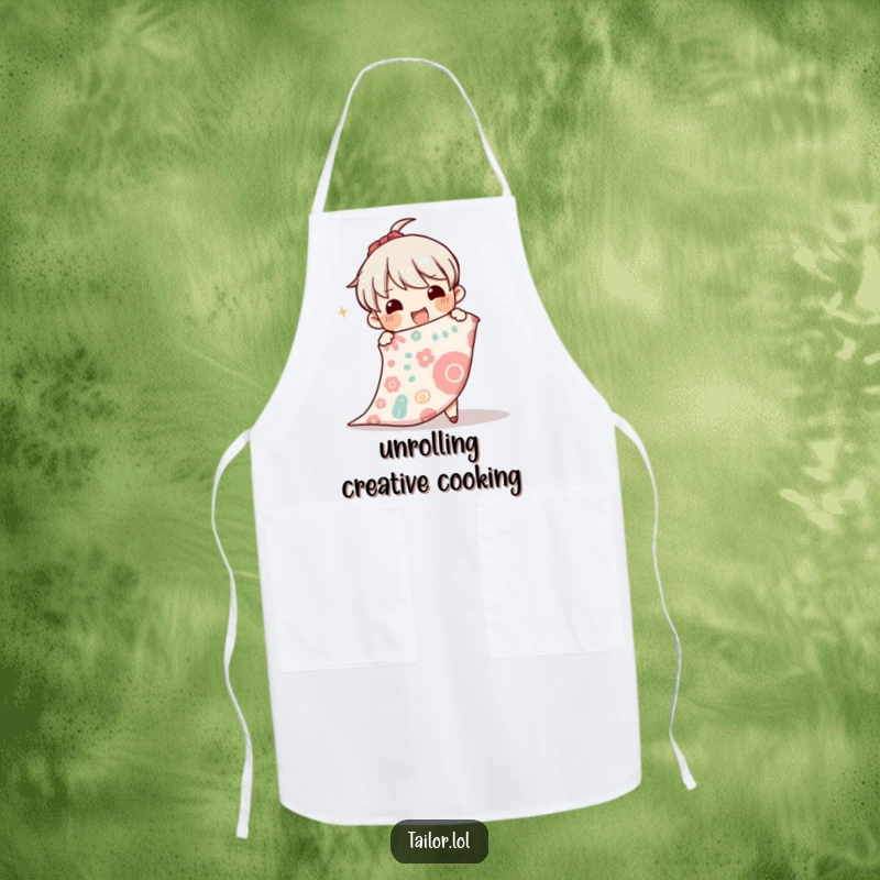 Funny apron with a character joyfully unrolling a large bolt of patterned fabric, designed for comfort during creative endeavors.