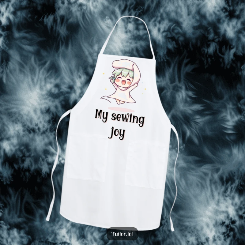 Funny apron depicting a character joyfully bouncing a roll of fabric, adding humor to sewing and crafting activities.