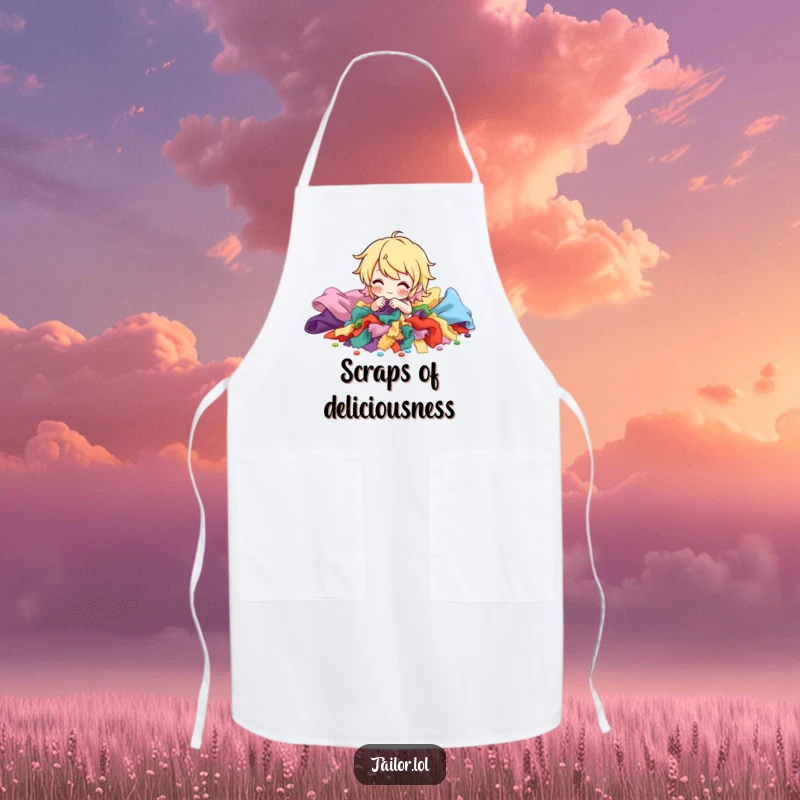 Funny apron with a character sorting a pile of vibrant fabric scraps, protecting crafters with humor. An ideal funny gift for sewers.