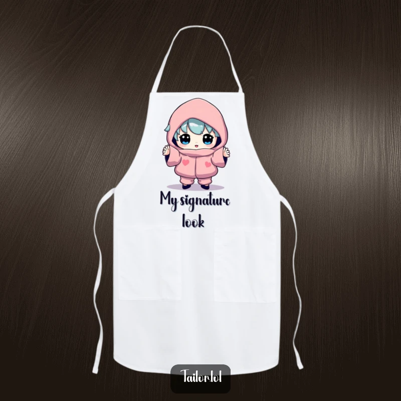 Funny apron depicting a character proudly wearing an odd, colorful garment, adding humor to kitchen activities.