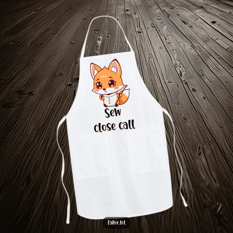 Funny surprised fox tailor dropping a needle, wide-eyed, protective apron, cooking and crafting humor, perfect funny gift.