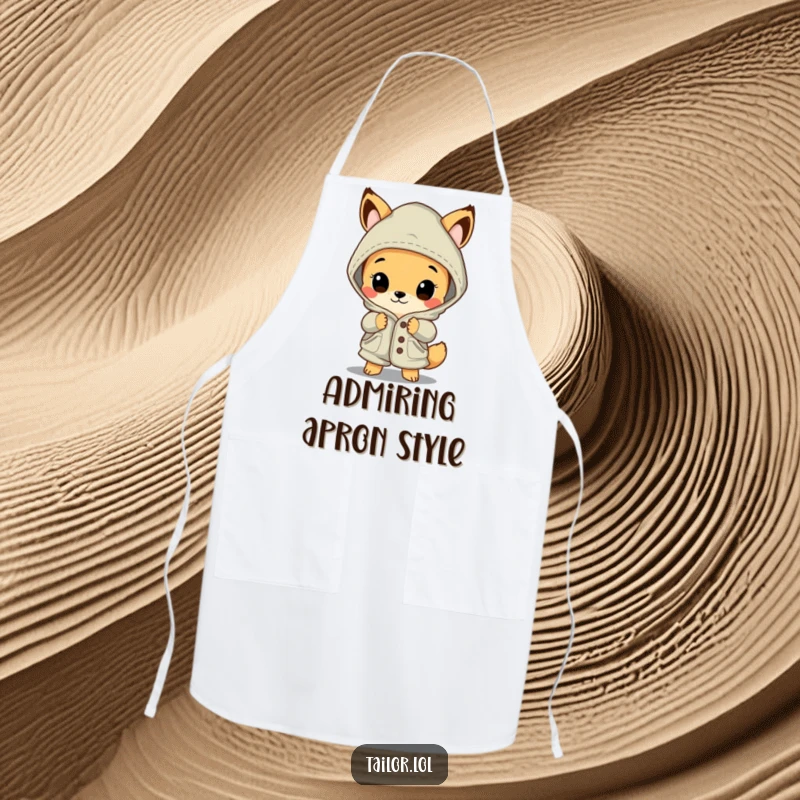 Funny animal apron, a curious creature admiring a large, beautifully stitched garment, perfect for any creative task.