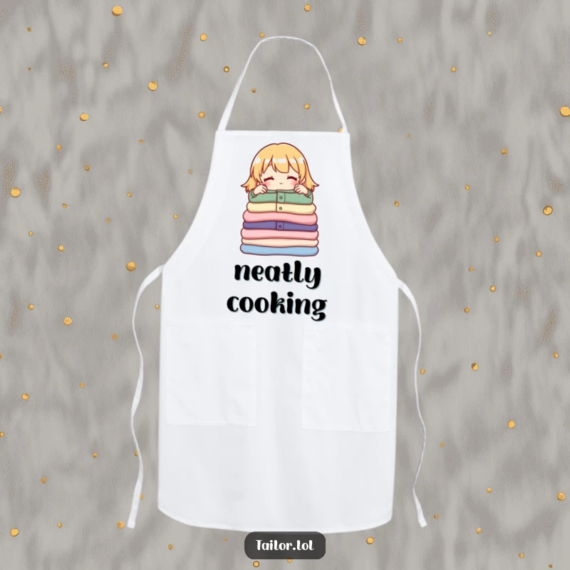 Funny apron with a proud character adjusting a pile of folded garments, designed for comfort during organizing tasks.