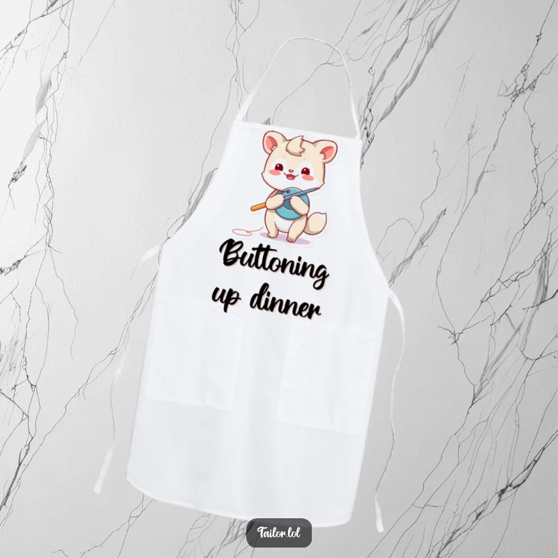 Funny animal apron, a playful creature using a giant needle to sew a button, perfect for any mending task.