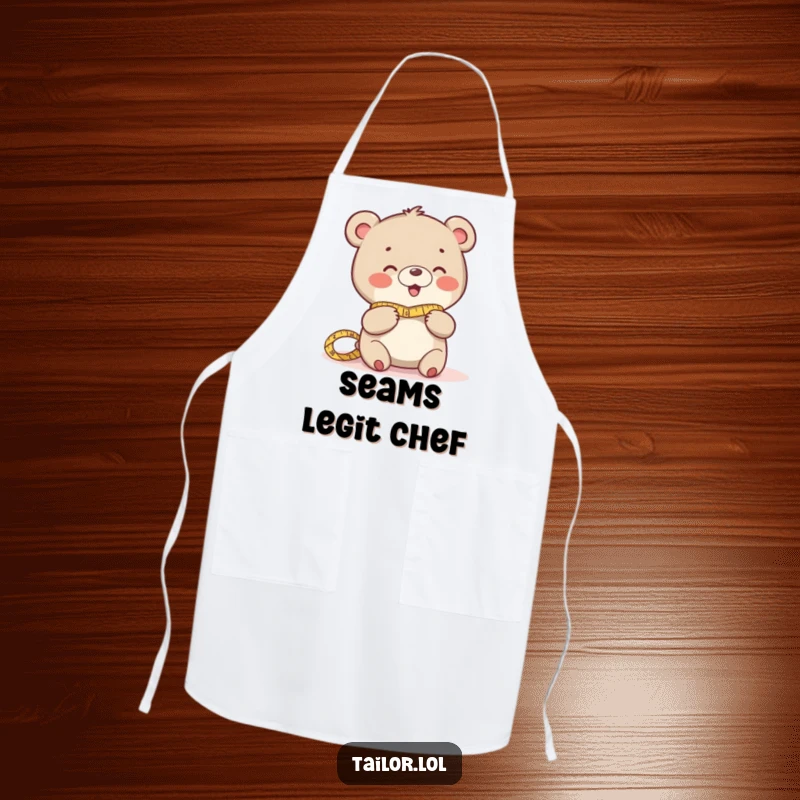 Funny apron with a giggling bear character measuring fabric, perfect for humorous cooking or crafting sessions.