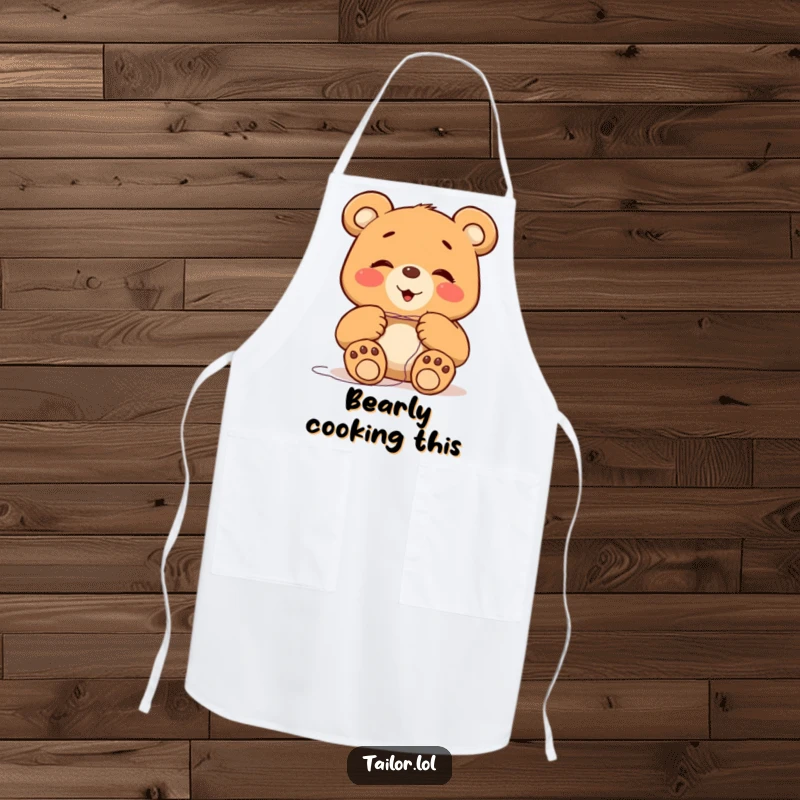 Funny giggling bear character with large paws attempting to thread a tiny needle, on a protective apron for chefs and crafters.