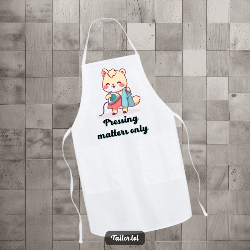 Funny apron with a cheerful animal character ironing clothes with a tiny, steaming iron, perfect for humorous kitchen attire.