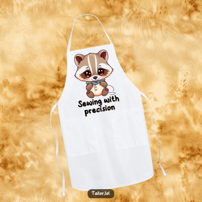Funny Kawaii badger tailor character examining a needle and thread with wide eyes on a cooking apron, funny gift.