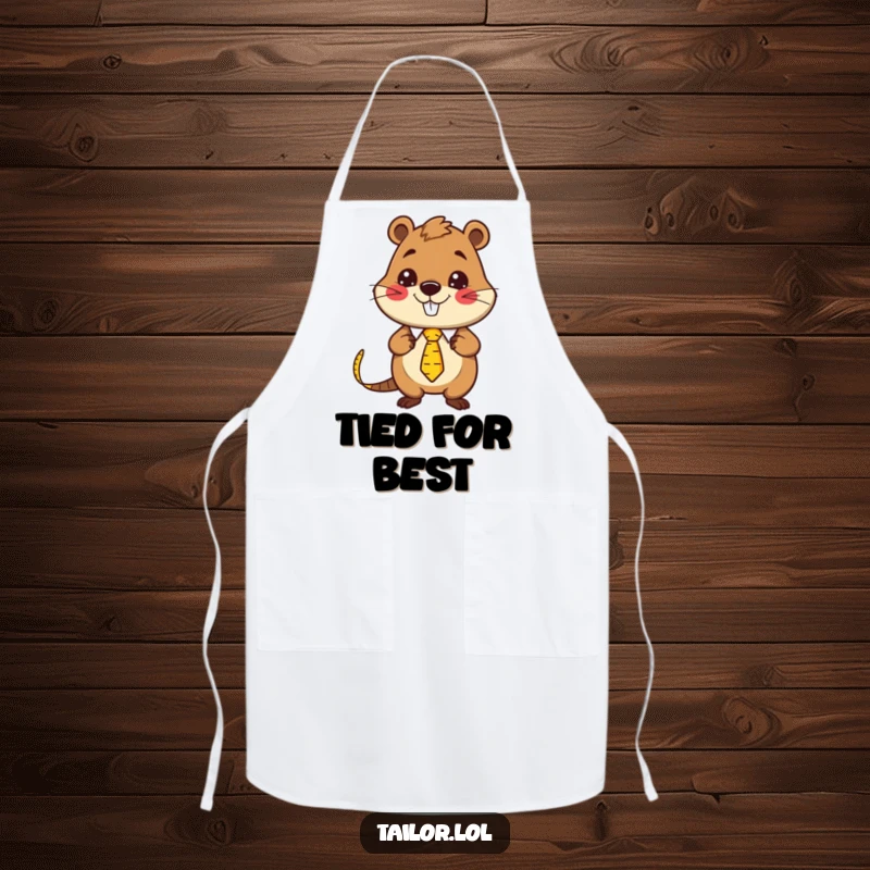 Funny Kawaii beaver tailor character wearing a measuring tape as a necktie, a humorous and protective apron for cooks and crafters.