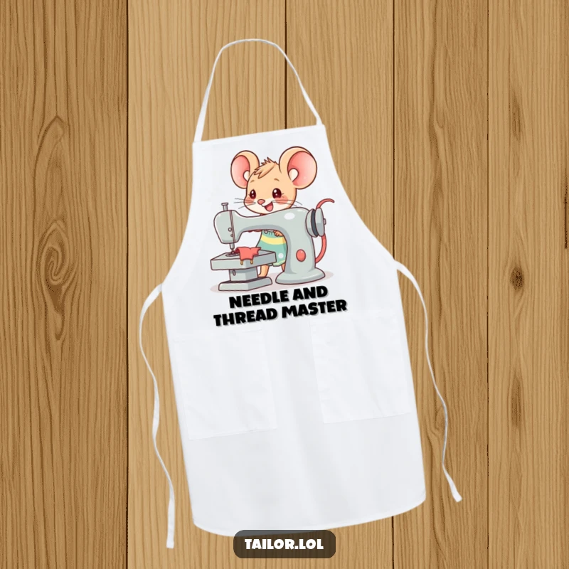 Funny Kawaii mouse tailor character joyfully operating an oversized sewing machine, a humorous and protective apron for crafters.