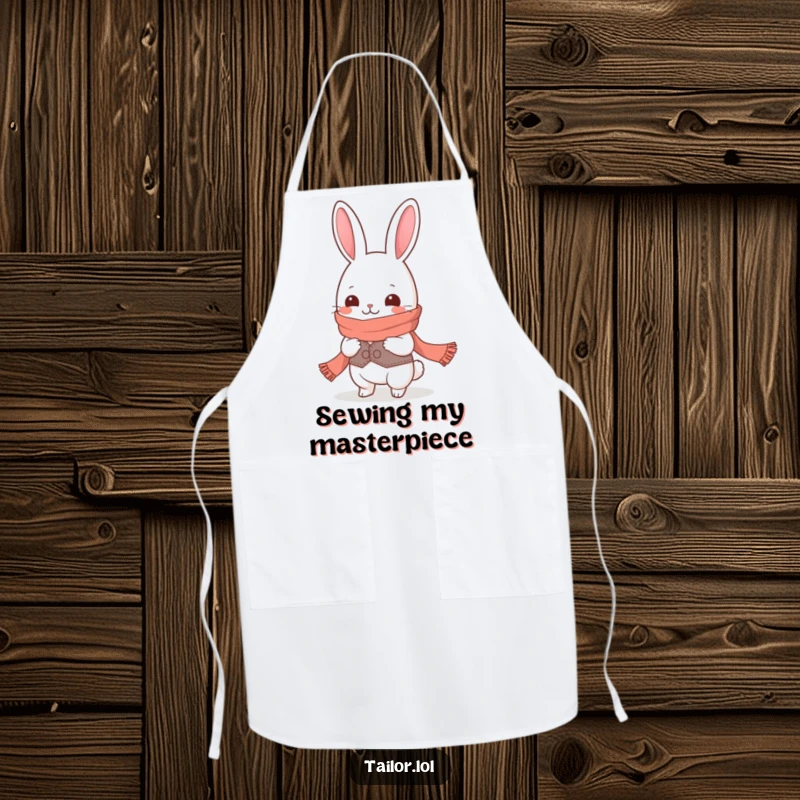 Funny Kawaii rabbit tailor character giggling while measuring a ridiculously long scarf, cooking apron, perfect funny gift.