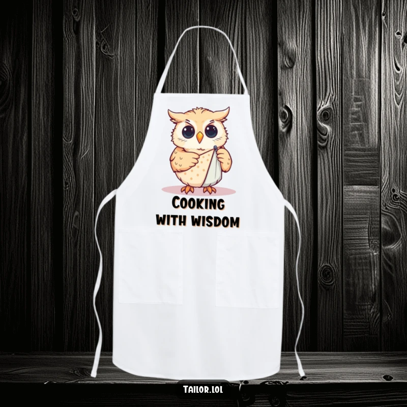 Funny Apron: Curious owl pinning a sewing pattern onto cloth, bringing humor and practicality to sewing or kitchen tasks.