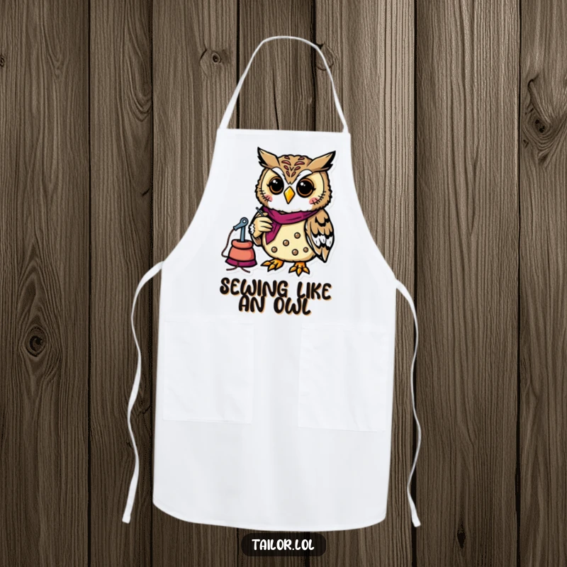 Funny cheerful owl tailor focused on sewing, featured on a protective apron, ideal for crafting and humorous kitchen use.