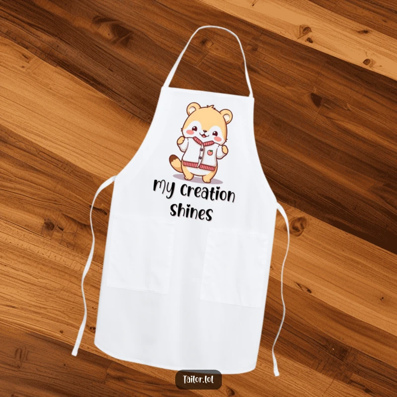 Funny Proud Crafter Apron: A cute animal character proudly displaying a finished tiny garment. Protects clothes with a humorous, proud touch.