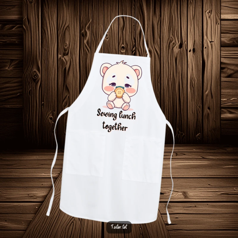 Funny character comically sewing a button onto their own nose, a humorous and practical apron.