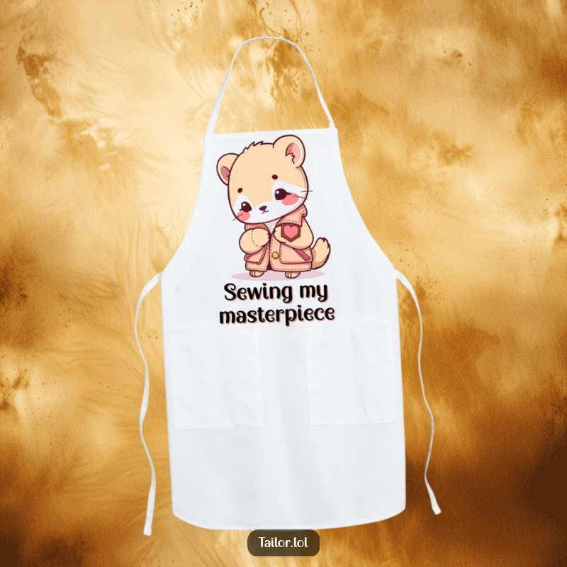 Funny Sewing Animal Apron: A cute animal character intently sewing a patch onto a miniature jacket. Protects clothes with a touch of humor.