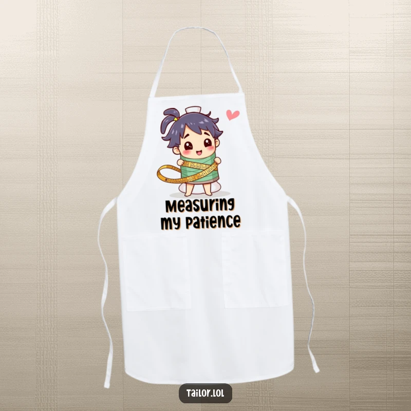 Funny apron with a character measuring a huge colorful thread spool, protecting crafters with humor. An ideal funny gift for sewers.