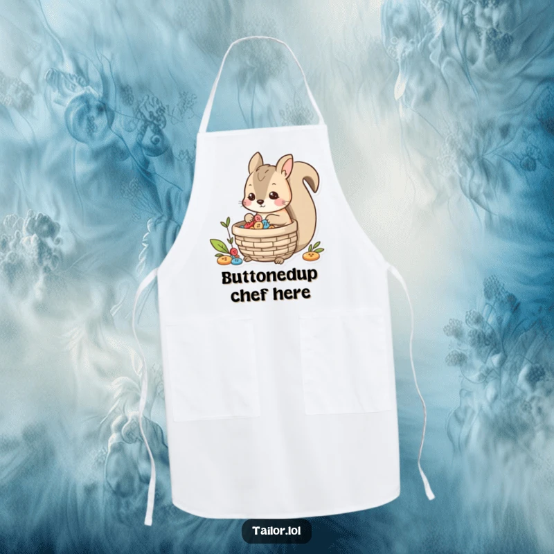 Funny playful squirrel character collecting buttons in a basket, a charming and humorous apron for the kitchen.