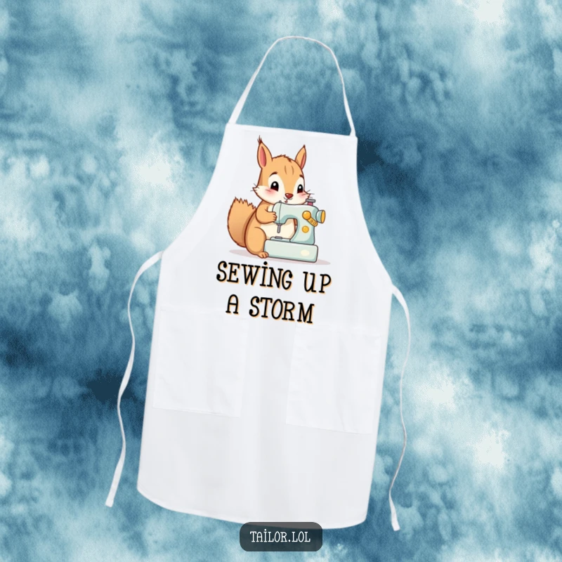 Funny apron showing a curious squirrel enthusiastically sewing on a tiny machine, ideal for messy crafting.