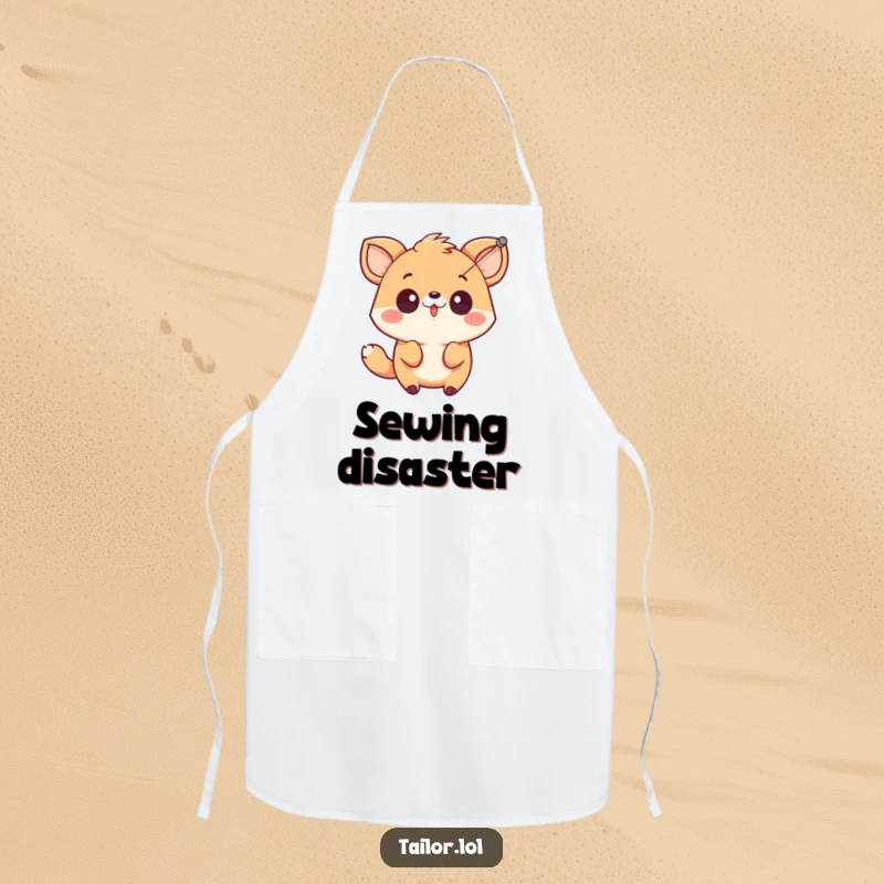 Funny cute animal character looking surprised by a needle and thread, illustrated on a practical and humorous kitchen apron.