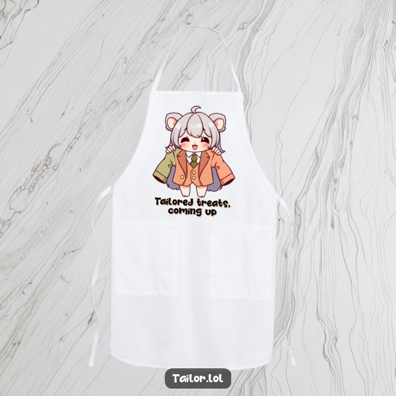 Funny tailor apron showcasing a character beaming with a perfectly tailored garment, ideal for cooking or sewing.