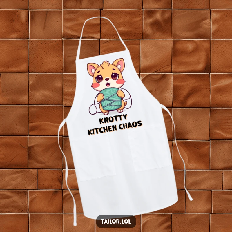 Funny Tangled Animal Apron, a surprised animal character tangled in thread, designed for playful kitchen protection.
