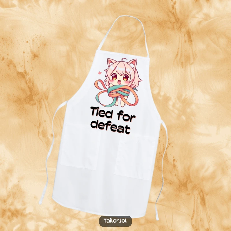 Funny apron depicting a surprised character hilariously wrapped in a long ribbon, adding humor to kitchen tasks.