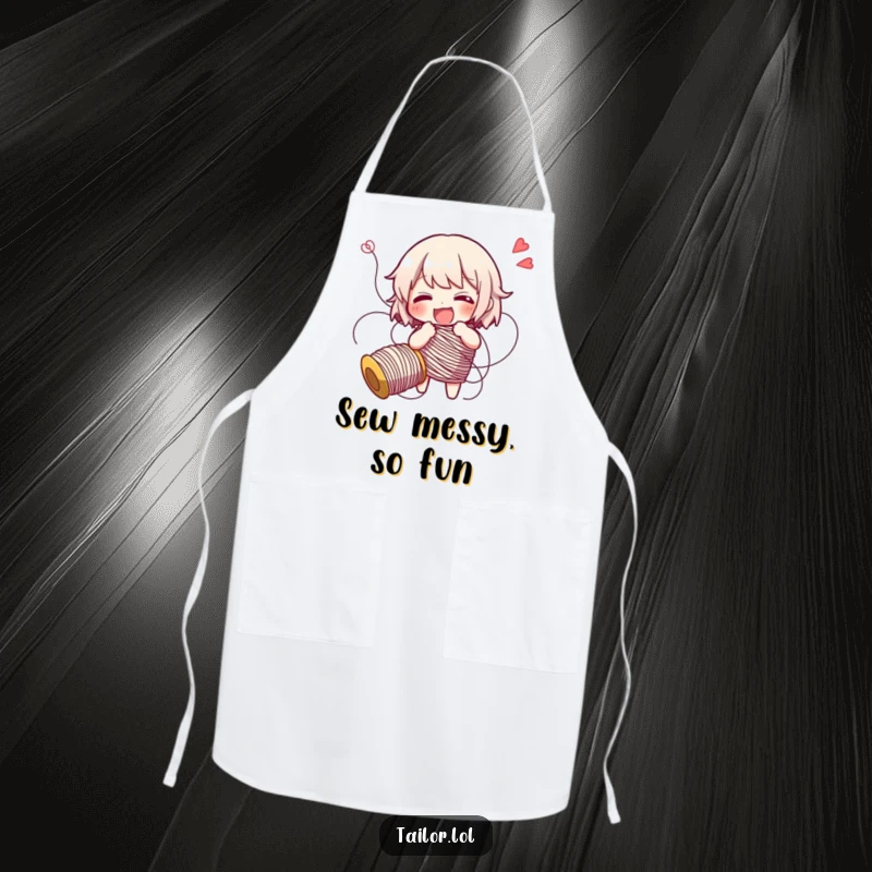 Funny character comically tangled in thread, giggling, a humorous and practical apron for crafters.