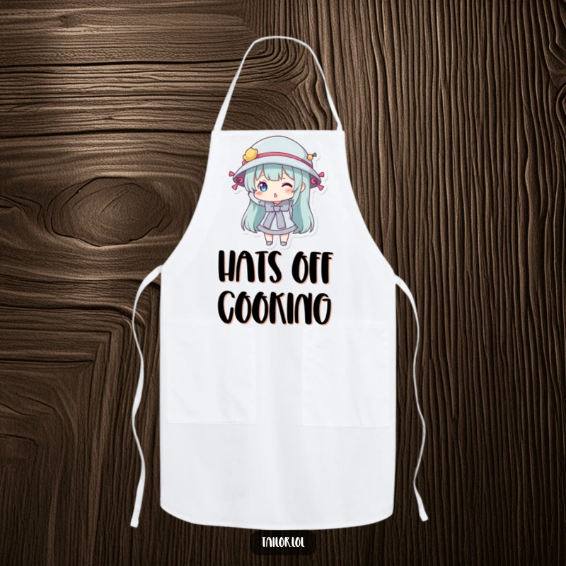 Funny apron with a character playfully wearing a hat adorned with sewing bobbins, designed for comfort during creative activities.