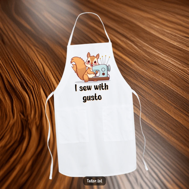 Funny Apron: Cheerful squirrel sewing with oversized needles, bringing humor and practicality to the kitchen or craft table.