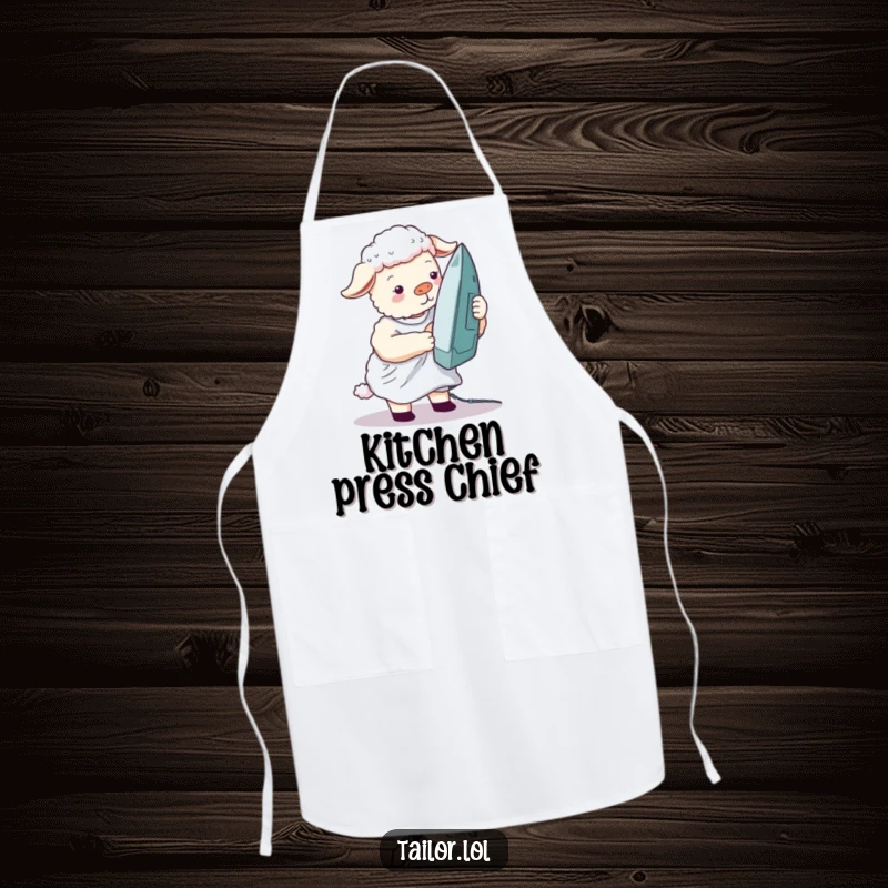 Funny silly sheep apron graphic of a sheep ironing a wrinkled shirt with a giant iron, for humorous cooking or crafting.