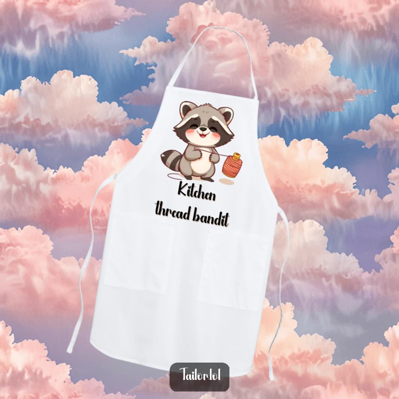 Funny giggling raccoon apron graphic of a raccoon pulling a thread spool, perfect for humorous kitchen antics.