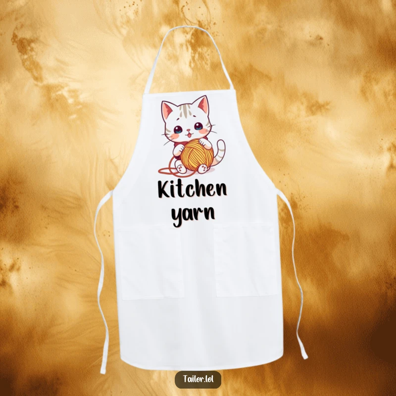 Funny apron depicting a surprised Kawaii cat tailor comically tangled in a large ball of yarn, perfect for protecting clothes while crafting.