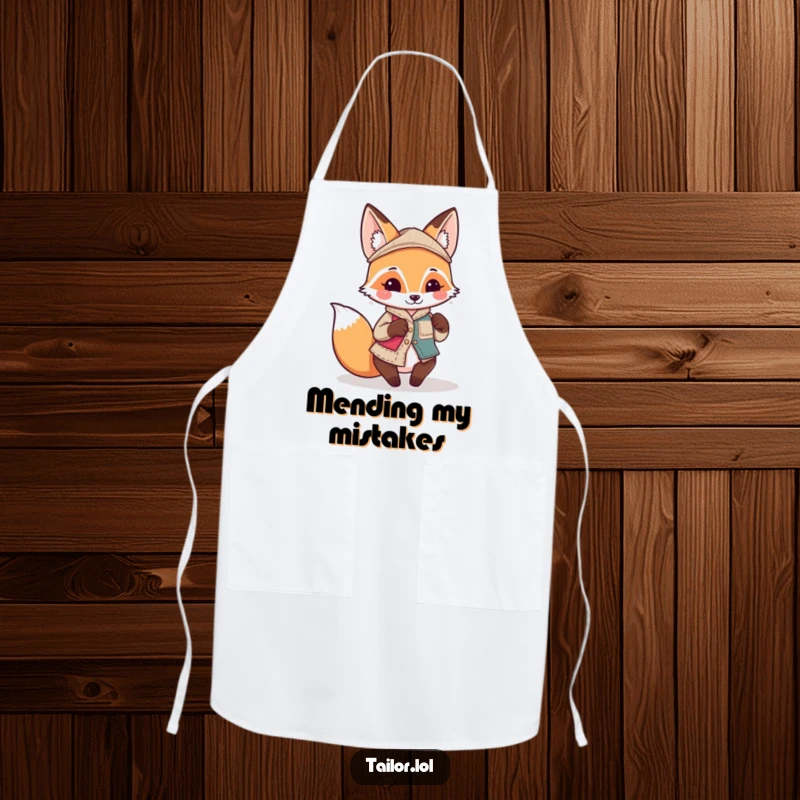 Funny Kawaii fox tailor character sewing a quirky, mismatched patch on a cooking apron, perfect funny gift.