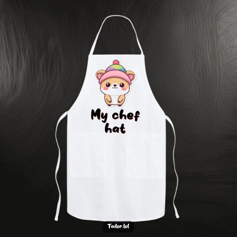 Funny hat model apron, a happy animal character wearing a tiny hat, ideal for cooks with style.