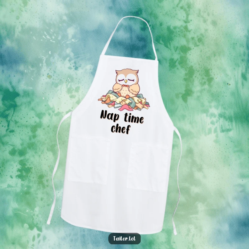 Funny Apron: A sleepy Kawaii owl tailor character rests on fabric scraps, adding a humorous and relaxing touch to kitchen wear.