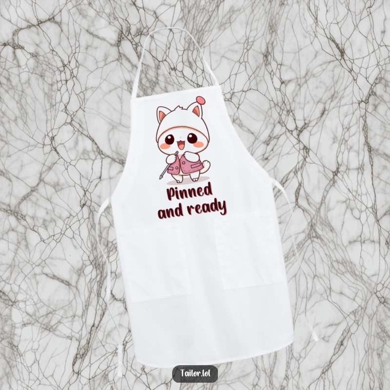 Funny apron with a kawaii animal character enthusiastically pinning a garment with a giant hatpin, protective and cute.